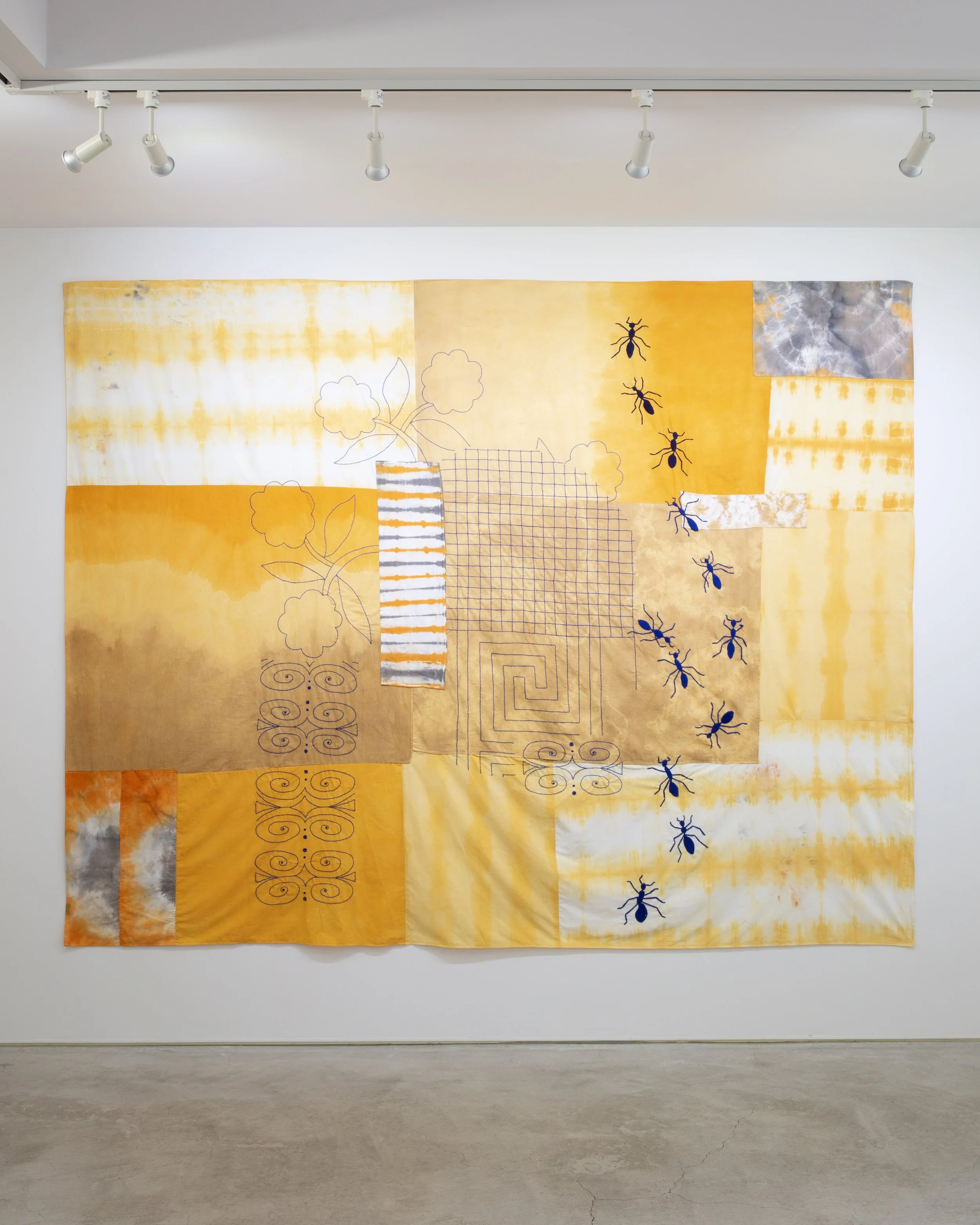 Always Coming Home Collaboration with Eunice Luk and Jesjit Gill Dyed cotton, machine and hand sewn, hand embroidered collage Approximately 5ft x 7ft 2020-2025