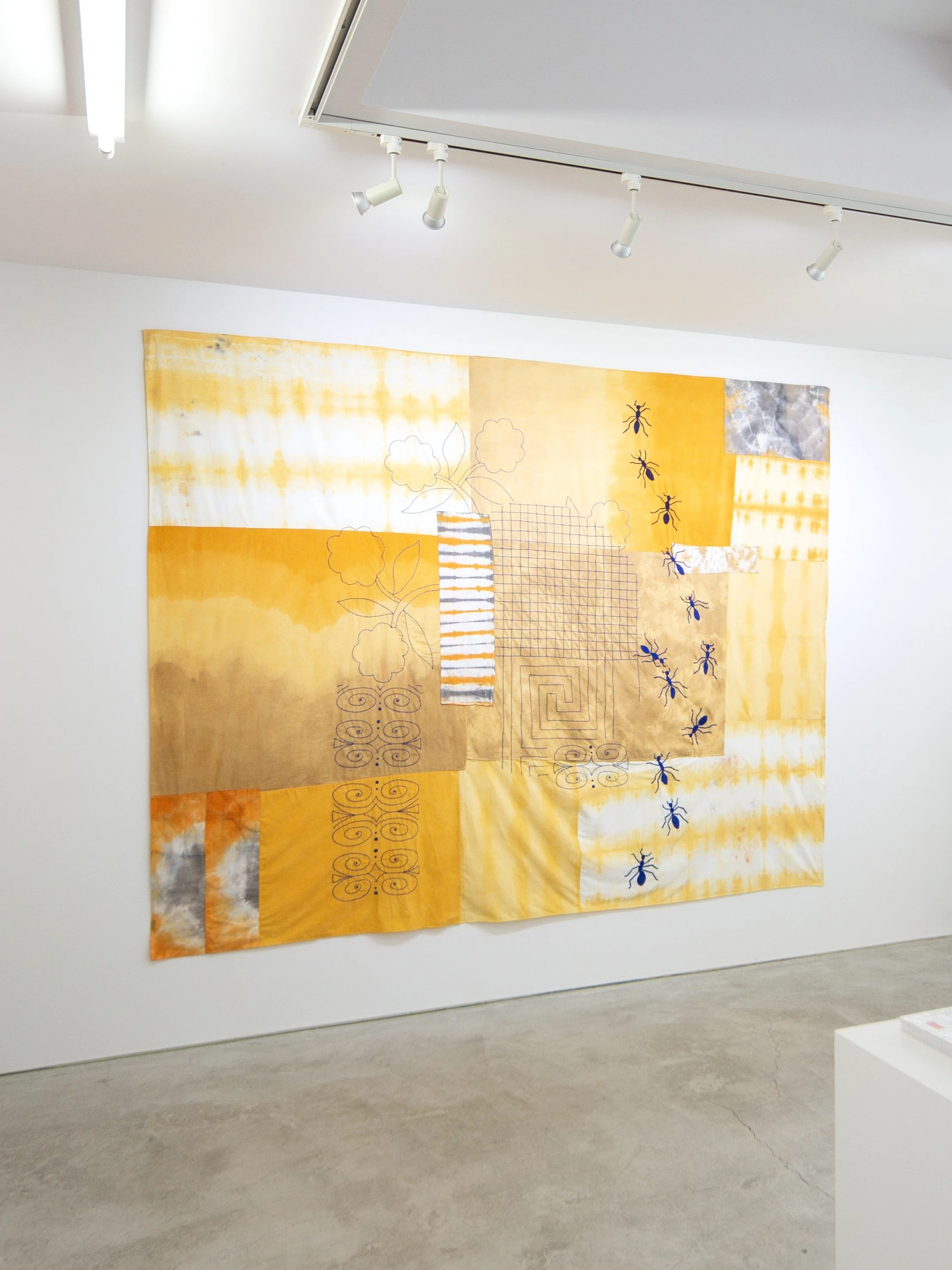 Always Coming Home Collaboration with Eunice Luk and Jesjit Gill Dyed cotton, machine and hand sewn, hand embroidered collage Approximately 5ft x 7ft 2020-2025
