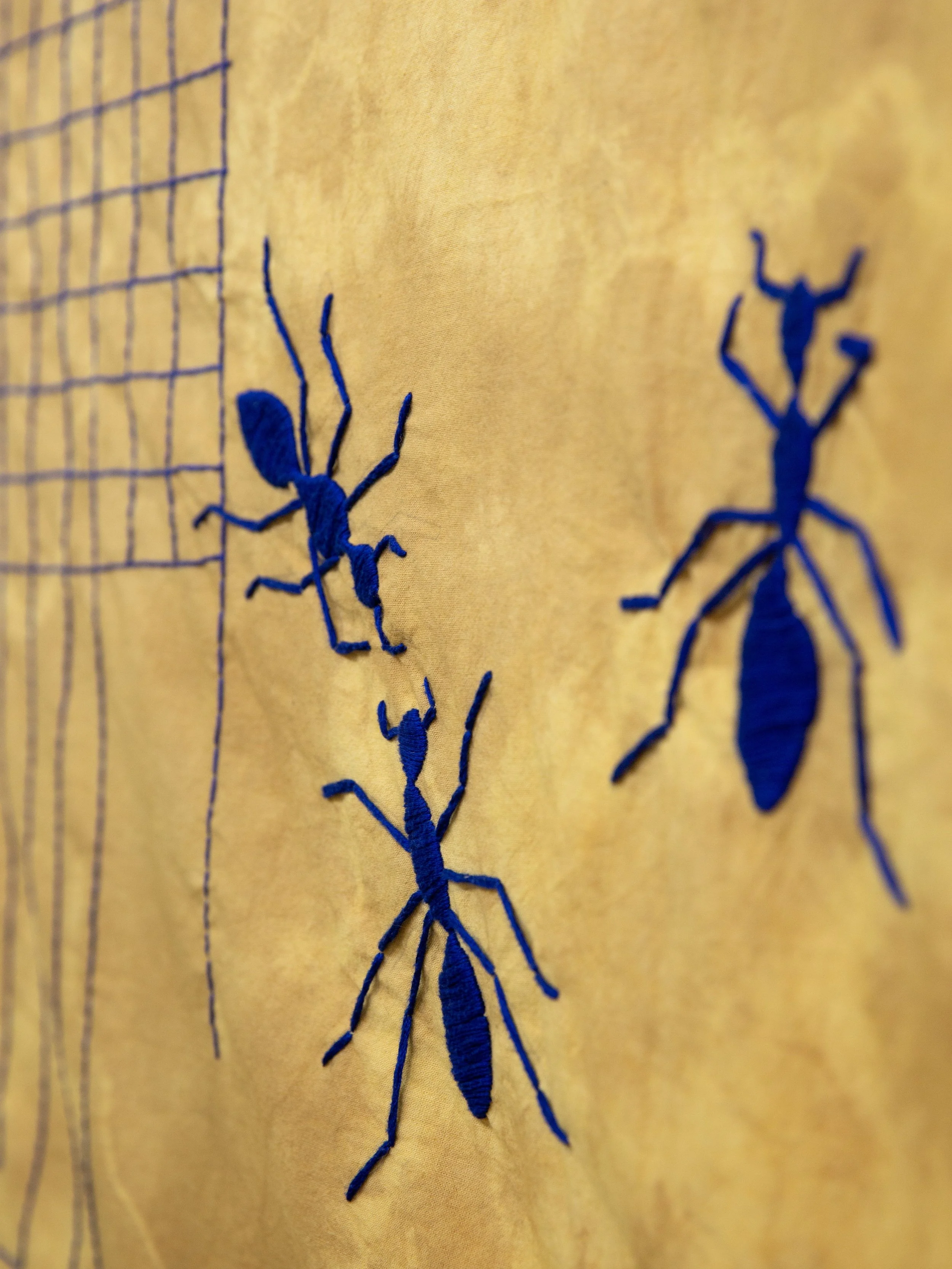 Always Coming Home detail Collaboration with Eunice Luk and Jesjit Gill Dyed cotton, machine and hand sewn, hand embroidered collage Approximately 5ft x 7ft 2020-2025