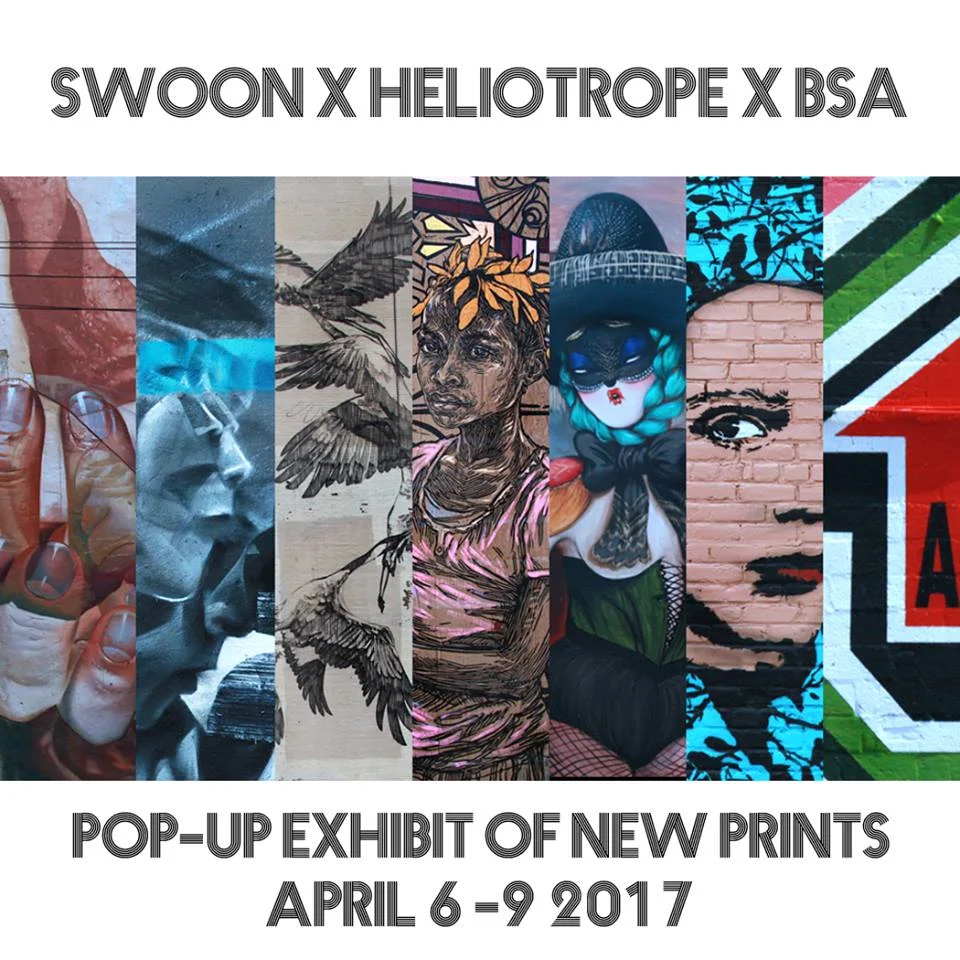 Join us for a Pop-Up Exhibit of new prints curated by Brooklyn Street Art . Heliotrope Foundation has joined forces with BSA to release a limited edition print series by six world-renowned street artists, and original sketches by Swoon Studio . Artists featured: case_maclaim Faith47 Icy And Sot Li-Hill Vanessa Alice Above fanpage Sure to be collectors items, the works will be for sale at our pop-up gallery in Chelsea, starting at $50 apiece. Proceeds from the sale will support the cultural and education programs of the Heliotrope Foundation in North Braddock, PA and Haiti. Opening Reception: Thursday, April 6 from 6-9pm. Beats and refreshments will be provided. RSVP to: Valerie@heliotropefoundation.org Gallery Location: 88 ½ Seventh Avenue (between 15th & 16th St.) New York, NY Hours: April 7-9, 11am - 6pm