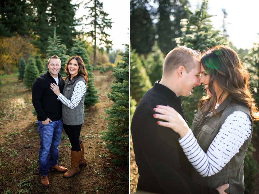 Man and woman engagement session at Christmas tree farm.