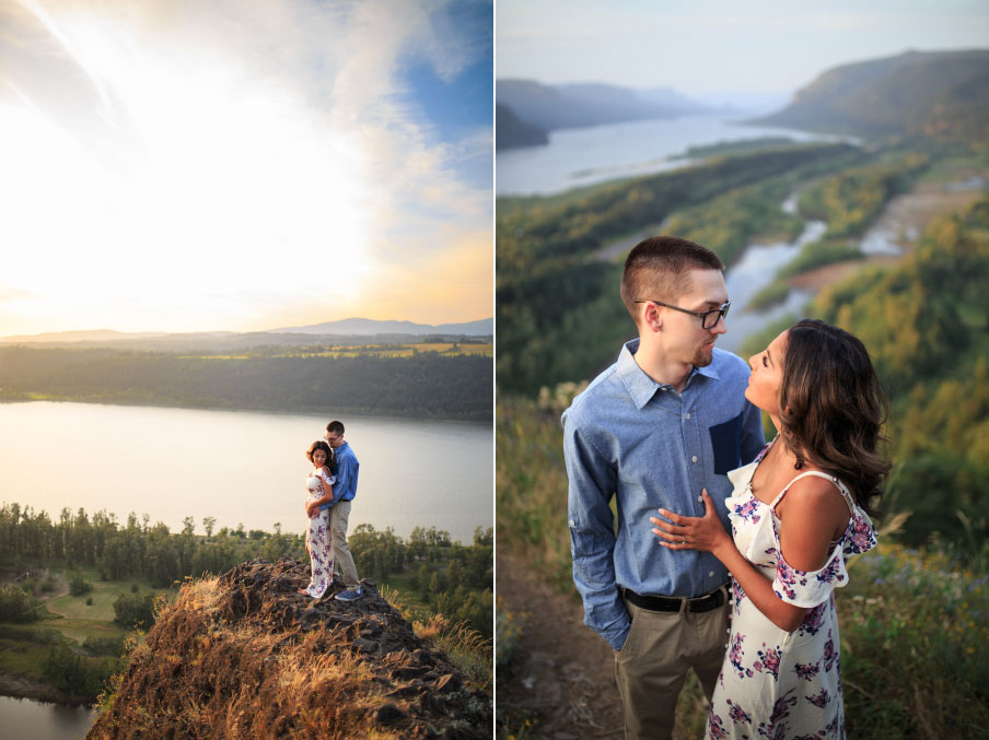 Man and woman embracing at Columbia River Gorge viewpoint.