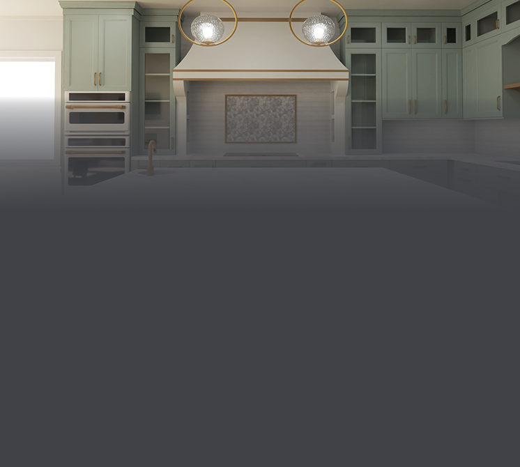Modern kitchen with sage green cabinets, built-in oven, and two pendant lights with spherical glass shades.