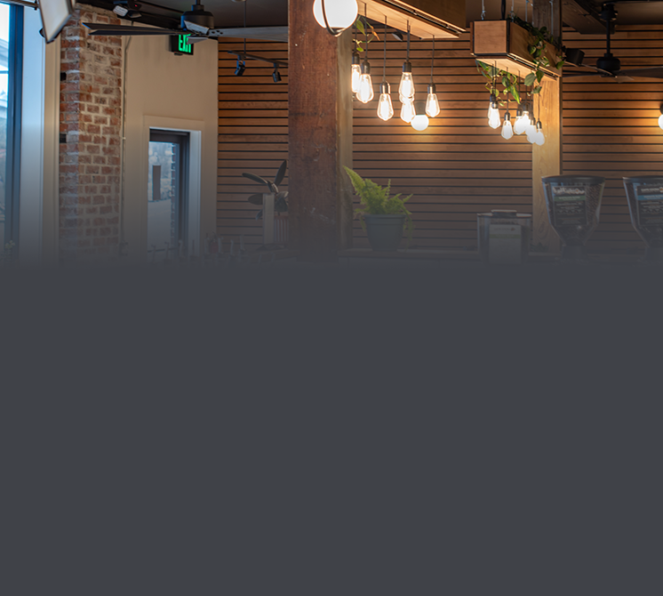 Interior of a modern cafe or restaurant with hanging Edison-style light bulbs, wooden wall panels, a brick wall, and potted plants.