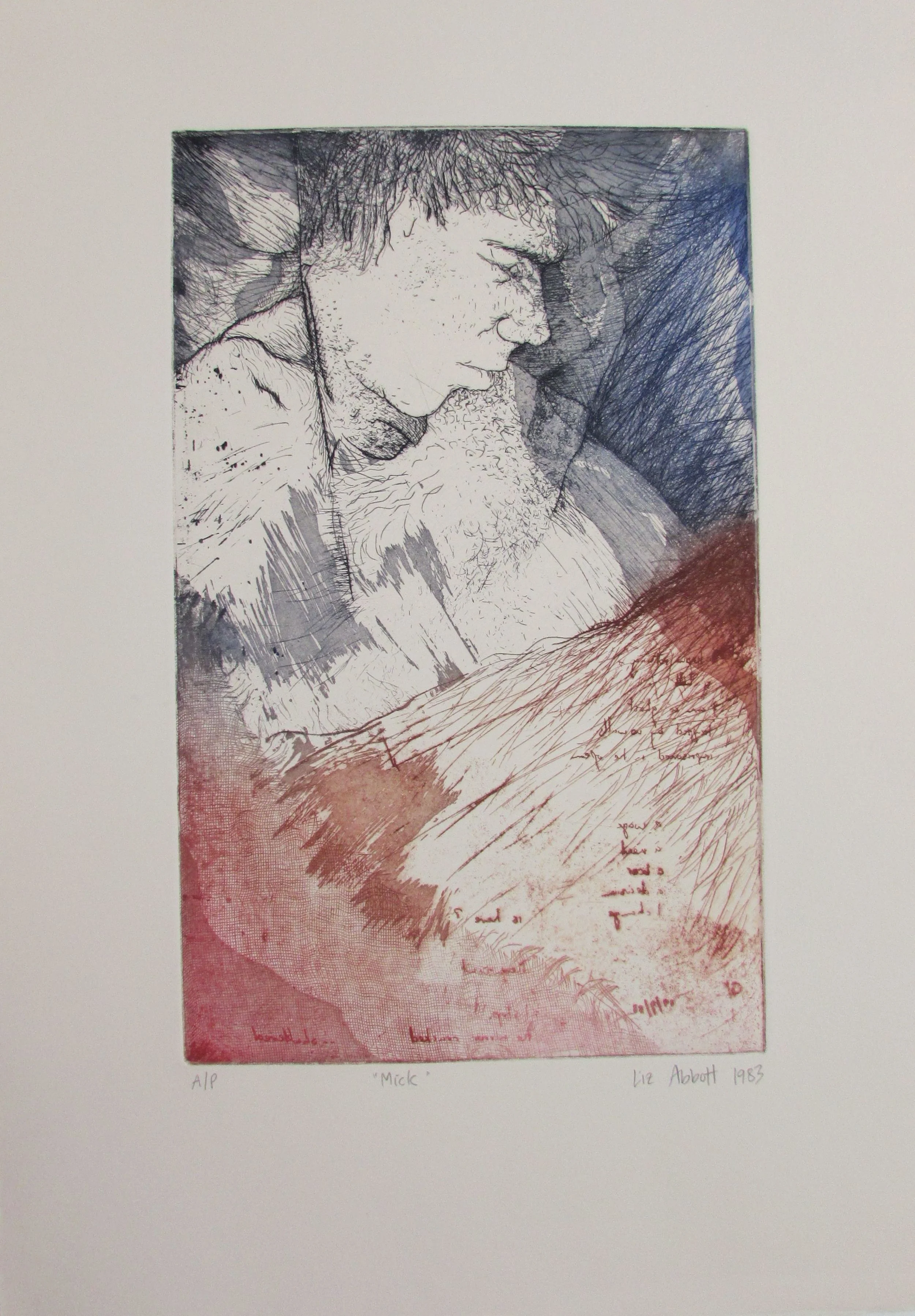 “Mick with poem” Liz Abbott 1983 Sugarlift etching 228 x 365mm