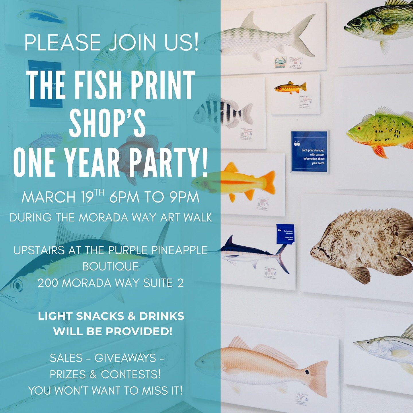Stop in to celebrate 1 year of @fishprintshop 🐟🐠🐡 March 19 6-10 pm During Art Walk #islamorada #floridakeys #fishprintshop #moradaway