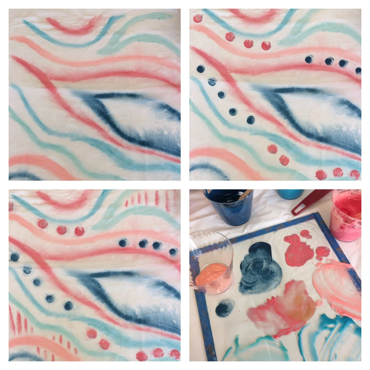 The painting process started by painting thick lines and then added dots and smaller vertical lines. 