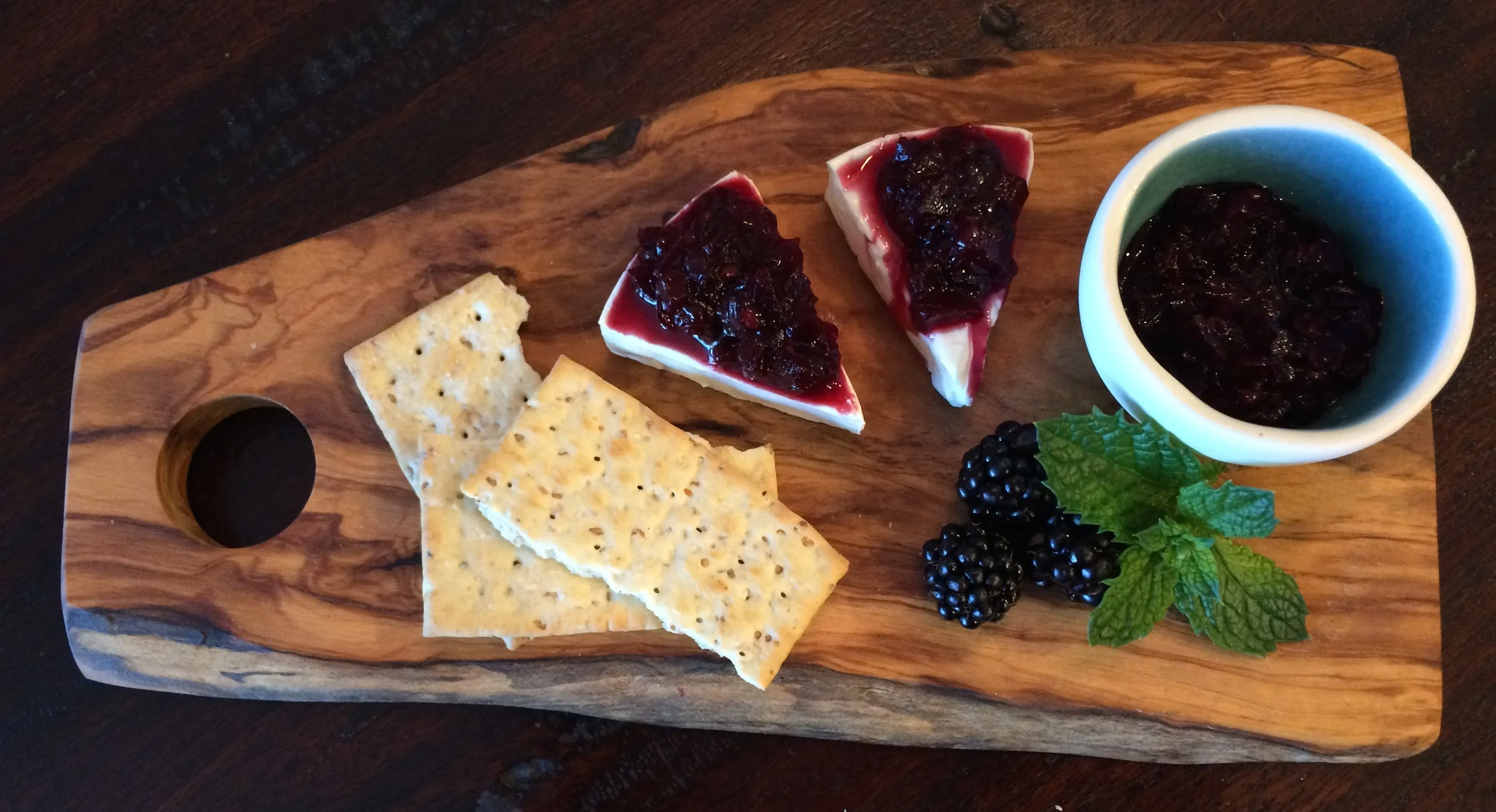 Blackberry Chutney on cream cheese wedges 