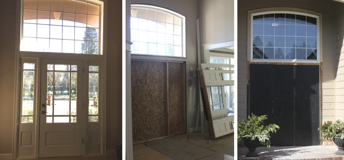 Interior door before remodel Interior door removed Exterior view without door 