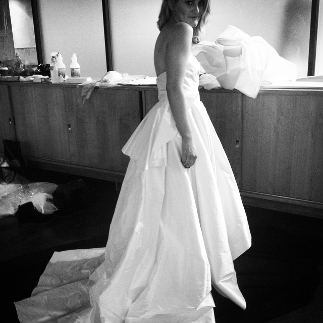 Behind the scenes photo of our Verity Dress. #bride #wedding #white #silk #fashion #gown #bridal
