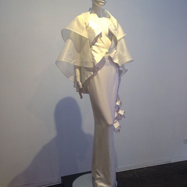 Paloma 'cubist' cape. Concept to Creation exhibition as part of VAMFF Cultural Program 2015. #alexsiscstar #vamff #vamff2015 #novacancygallery #silk #white #gown #bride #evening #fashion