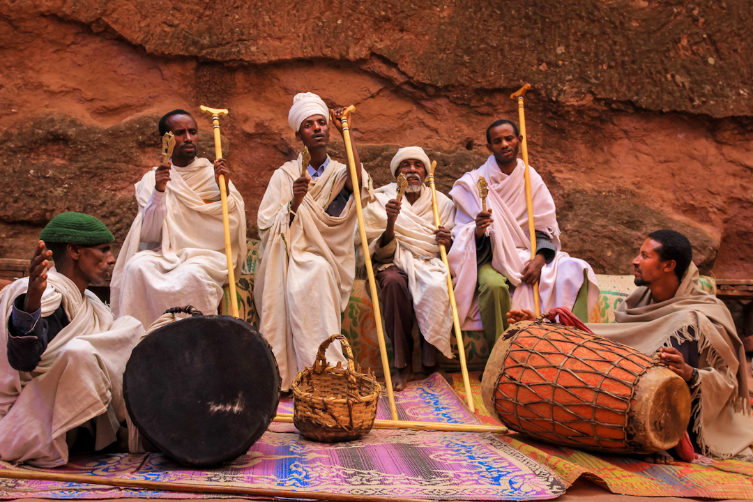 DEACONS perform traditional music in front of the Beta Emmanuel Church in Lalibela the week before Easter