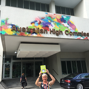 Bertie visits the Australian High Commission Singapore where he meets an Australian Diplomat and she takes Bertie home to read to her children!