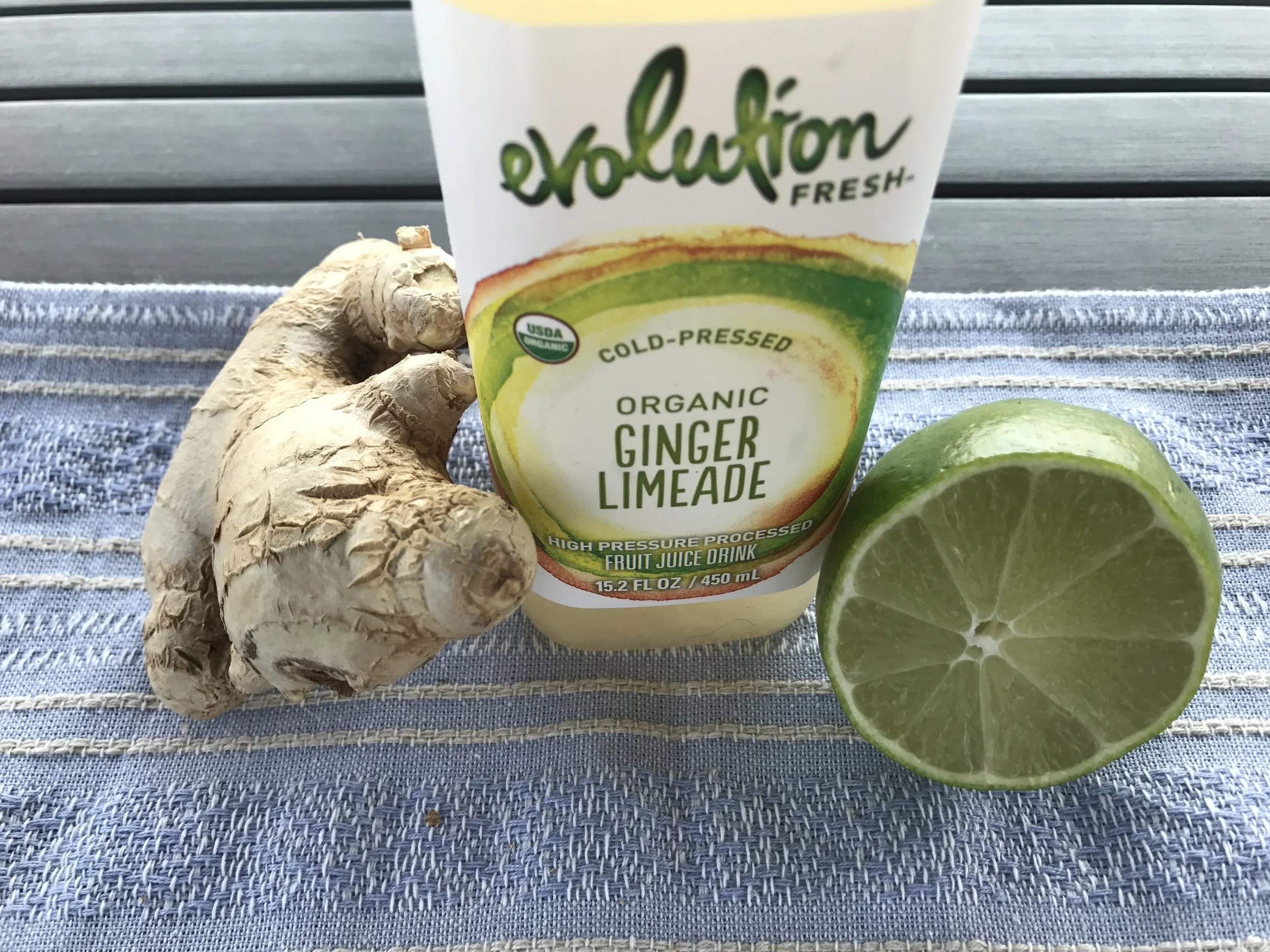 If you're crunched for time you can buy a pre-made fresh juice like Evolution or you can make your own with lime juice, ginger and plain or lime flavored bubbles. Muddle ginger and lime together in martini shaker. Pour over icy cold bubbly. 