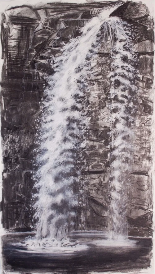 Platte Clove Falls (plein air) charcoal on paper 18x30"