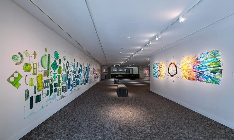  This solo exhibition features Master Printer Sue Oehme’s own creative print-based work. Featuring her signature colorful large installations and monoprints, Oehme utilizes everyday recycled objects within her print process to create complex, multi-l