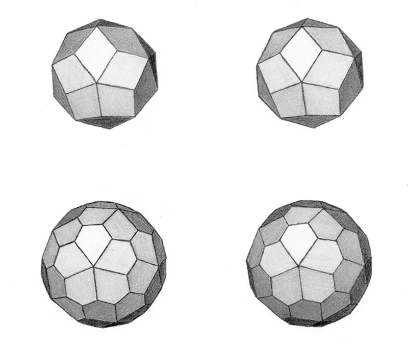 graphite drawings of Catalan solids rhombic tria-conta hedron & pentagonal hexe--conta hedron