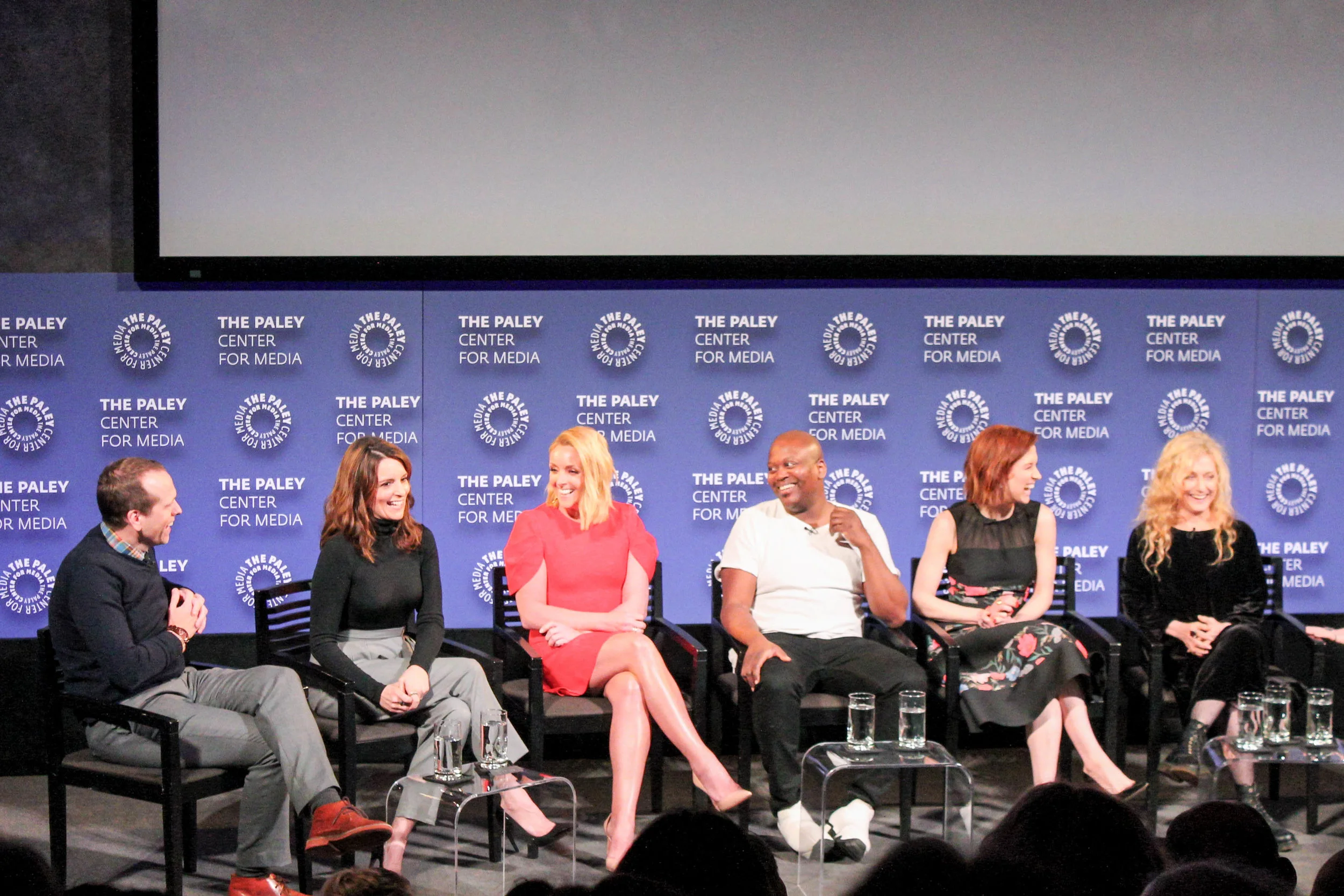 FROM LEFT TO RIGHT: Robert Carlock (Executive Producer), Tina Fey (Executive Producer), Jane Krakowski (Jacqueline), Tituss Burgess (Titus), Ellie Kemper (Kimmy), Carol Kane (Lillian)