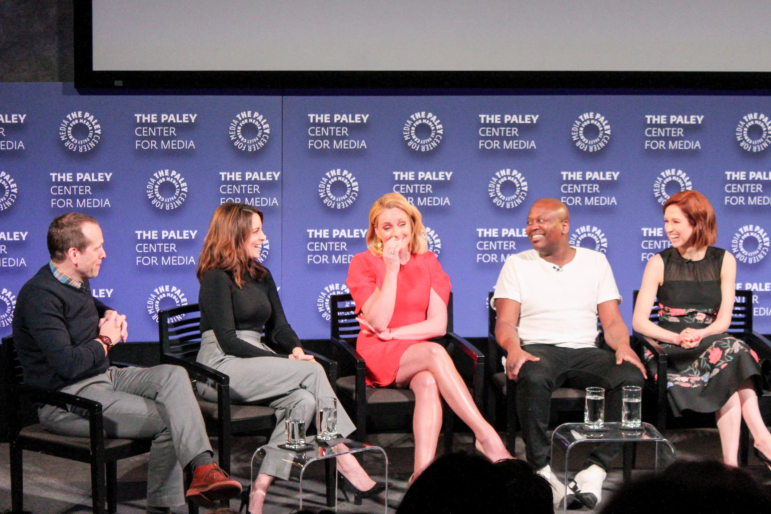 FROM LEFT TO RIGHT: Robert Carlock (Executive Producer), Tina Fey (Executive Producer), Jane Krakowski (Jacqueline), Tituss Burgess (Titus), Ellie Kemper (Kimmy)
