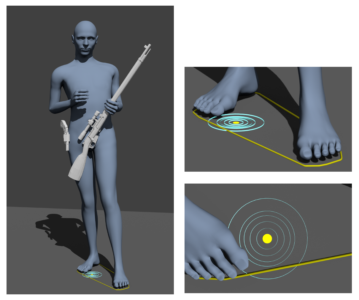The yellow dot represents the projected center of mass and the yellow boundary represents the base of support. The concentric circles (cyan) represent the results of our perturbation analysis.