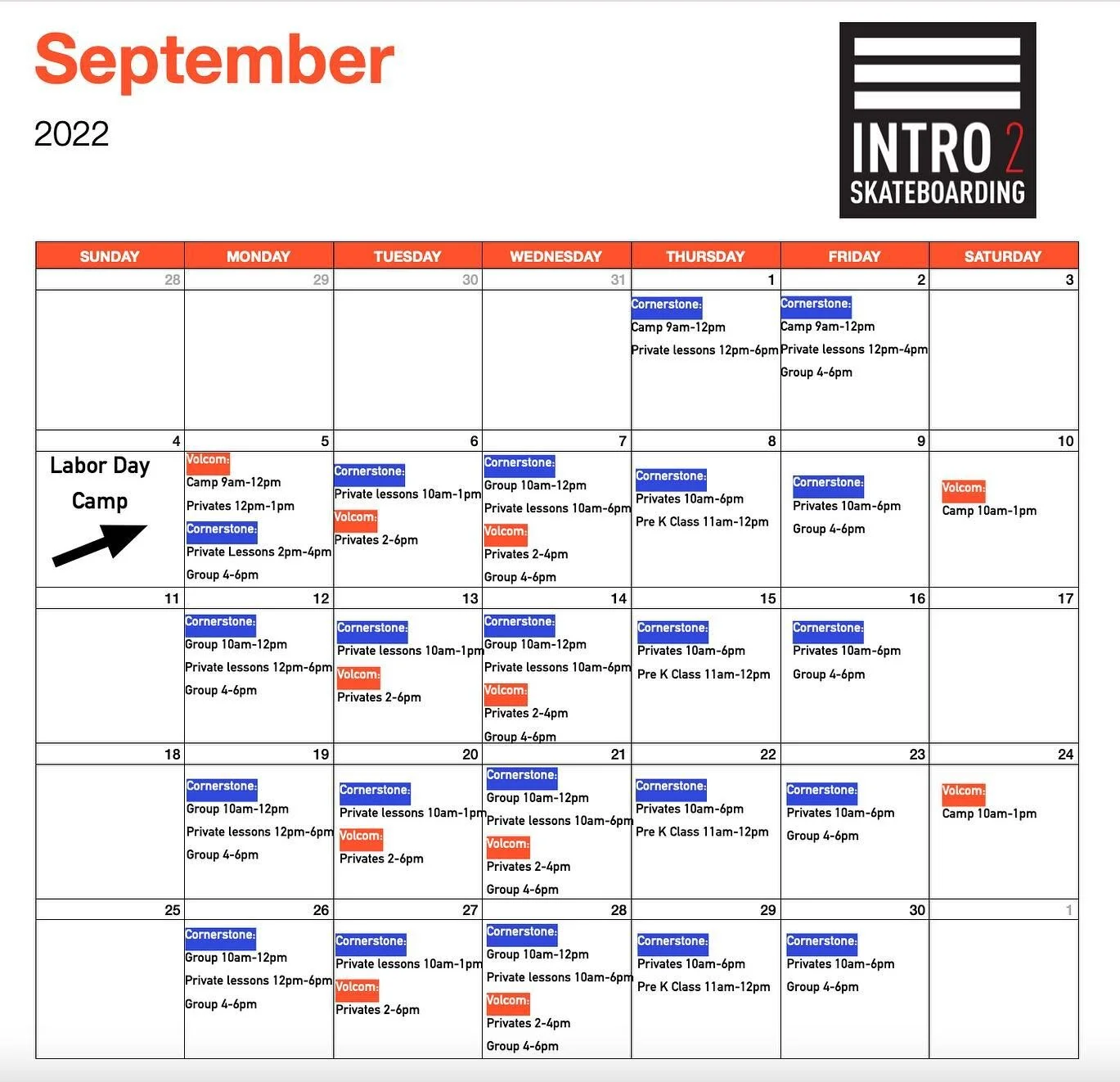 Our Fall schedule is posted. Labor Day Camp, Saturdays at Volcom, Pre-K classes, homeschool group classes, etc. 🙌🏽 sign up at Intro2skate.com/bookonline