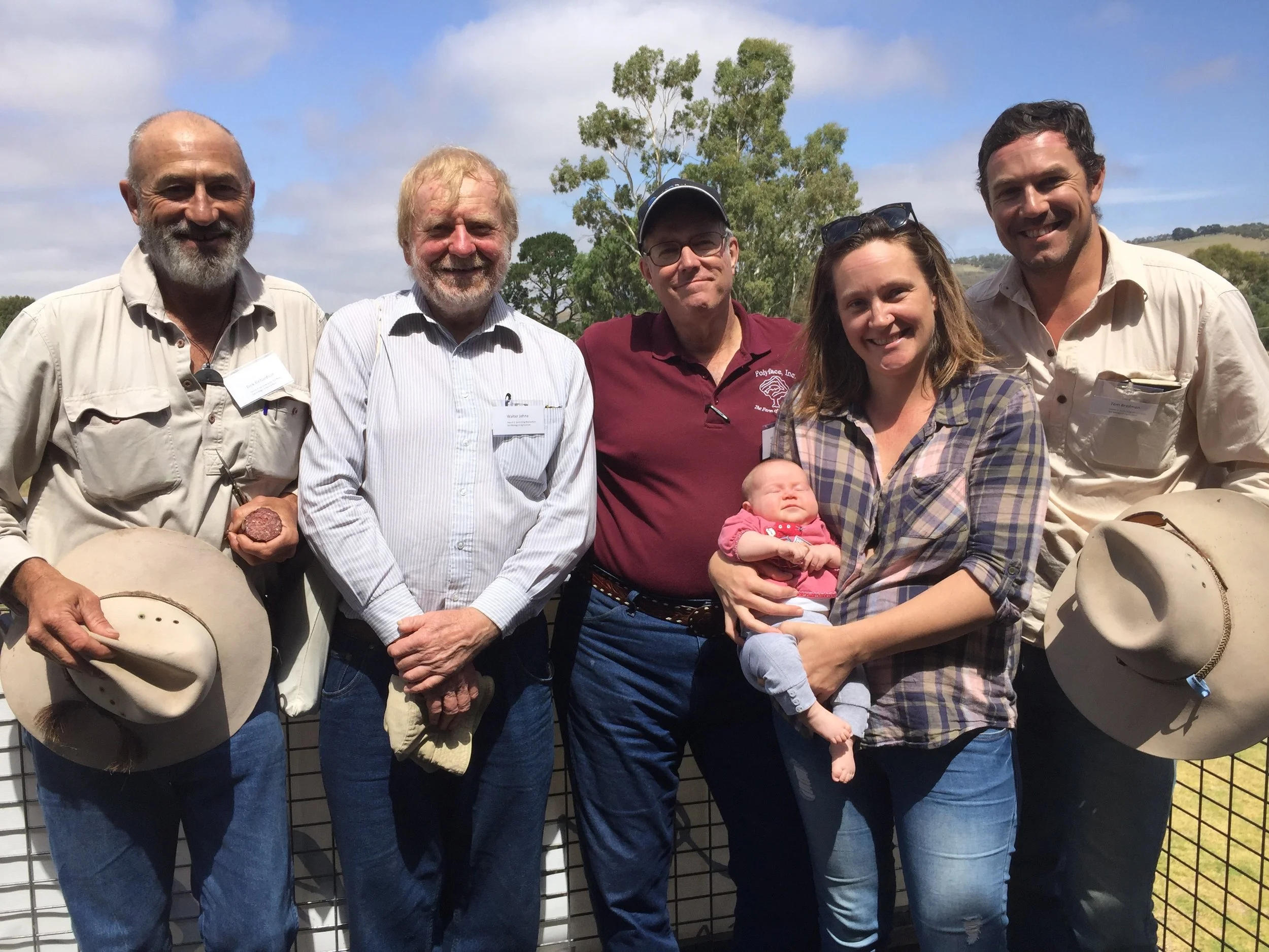 Above: Dick Richardson, Walter Jehne, Joel Salatin, Baby Laura Bradman, Verity Slee and Tom Bradman. The farm walk was jointly hosted by the Ranges to River Natural Resources Management Group, SA Murray-Darling Basin Natural Resources Management (NRM) Board, the Adelaide and Mount Lofty Ranges NRM Board and the Kangaroo Island NRM Board with funding from the Australian Government’s National Landcare Programme, NRM Levies and the Regional Landcare Facilitator Programme. 