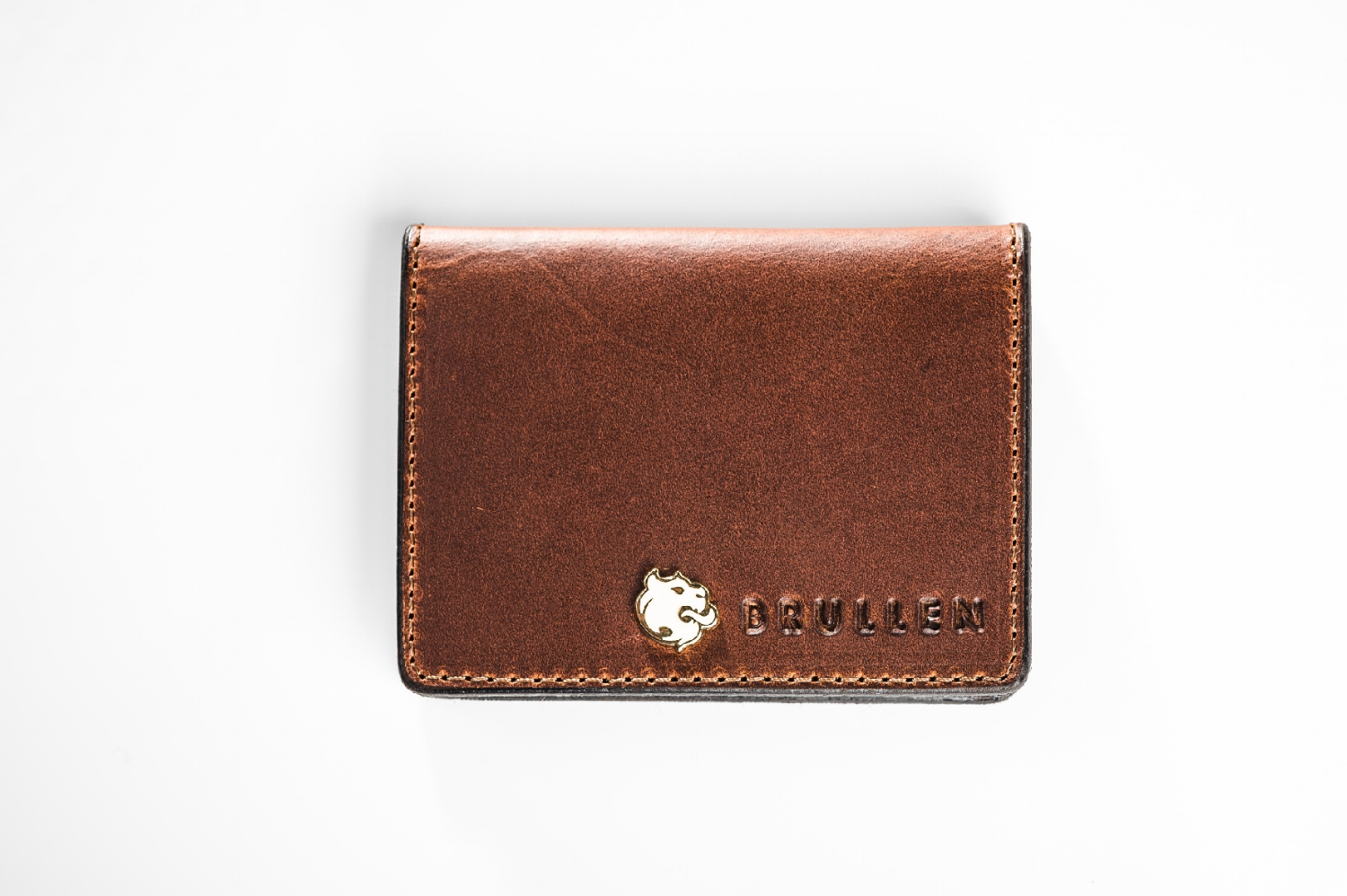 Brown Leather Slim Credit Card Bifold Wallet Made in USA - Lion Logo