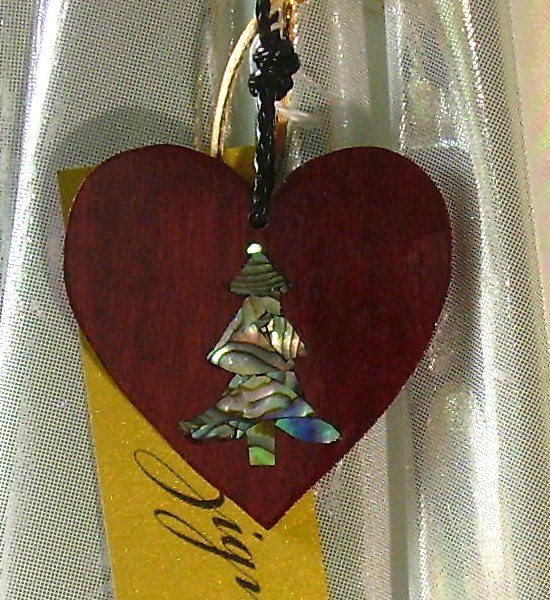 purpleheart wood heart with abalone mosaic tree inlay
