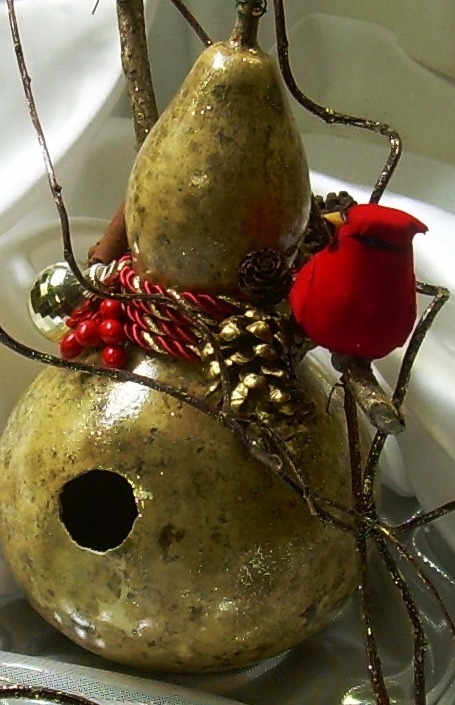 natural poly finish birdhouse gourd with sparkles and holiday decorations
