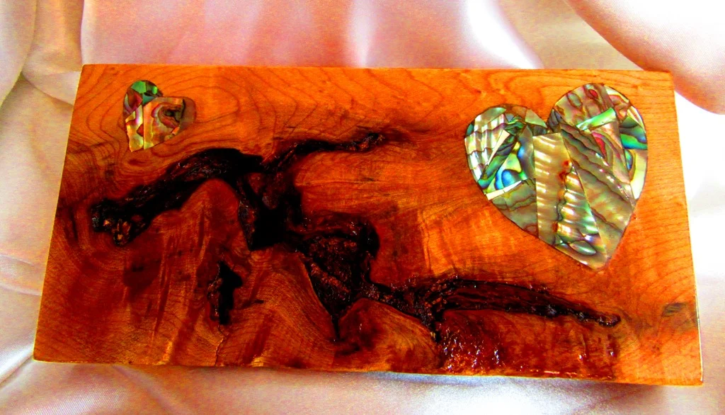 Birdseye maple wood with abalone heart mosaic inlays