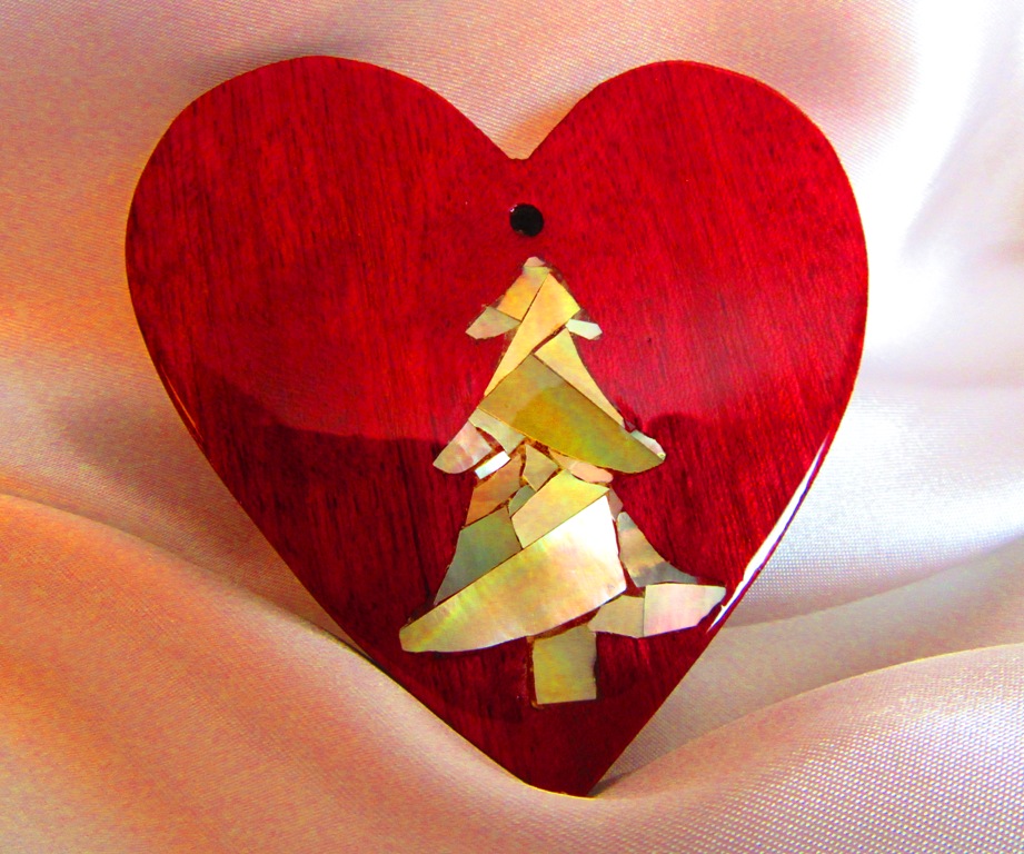 Purpleheart heart with golden Mother-of-Pearl tree mosaic inlay
