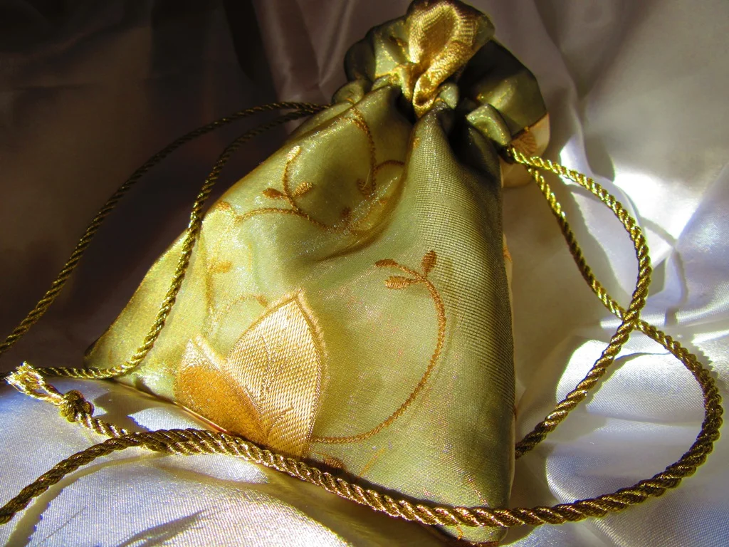 small wedding/gift bag with sheer layers and gold embroidery
