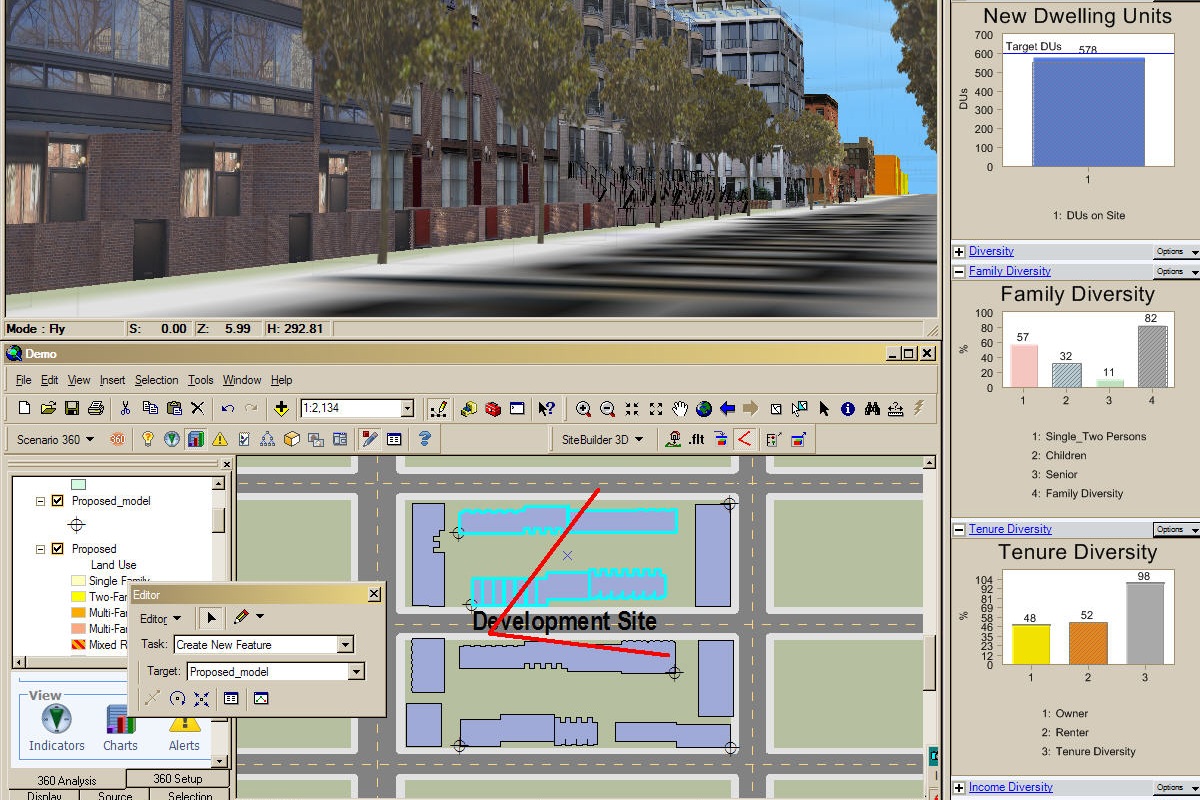 CommunityViz (2002): The first integrated digital scenario planning and design software built on a GIS database with a real-time immersive 3D visual simulations tied to the database and scenarios.
