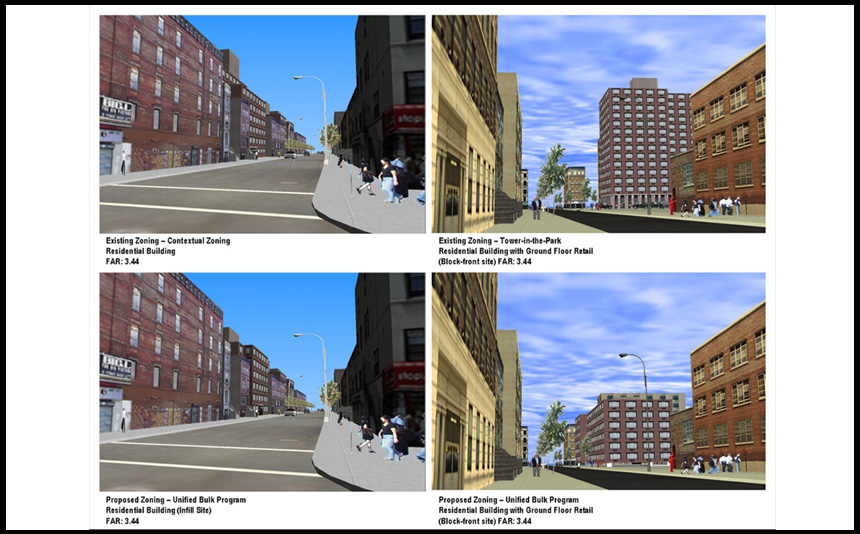 Comparative Analysis of Existing Zoning and Unified Bulk Program on sites in Manhattan, Brooklyn, and Queens