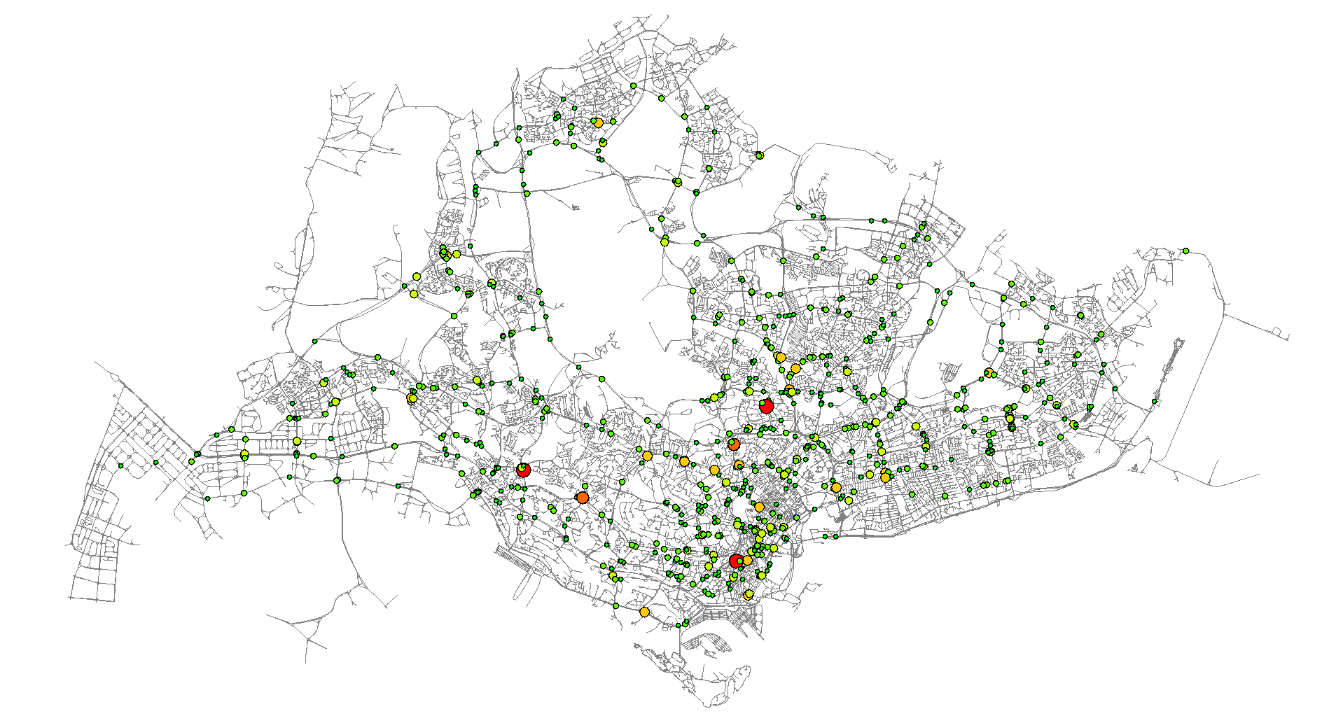 Mismatched high flow volume intersections in Singapore. Big, red dots represent severely matched intersections (up to 6 lanes that need to be redistributed within the intersection), small green dots represent intersections that need only 1 lane to be redistributed in order to match precisely the demand.