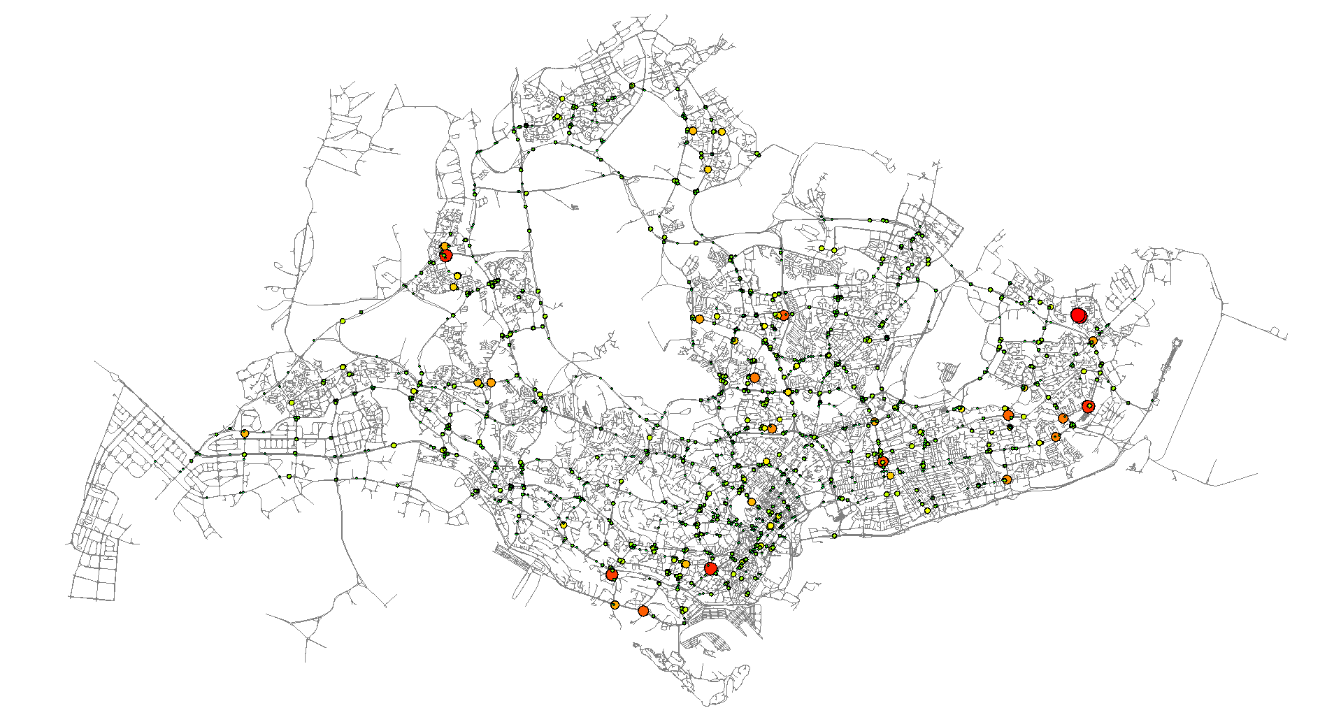Dynamical factor of high flow volume intersections in Singapore. Big, red dots represent intersections with high dynamical factor and small, green dots represent intersections with a lower dynamical factor.