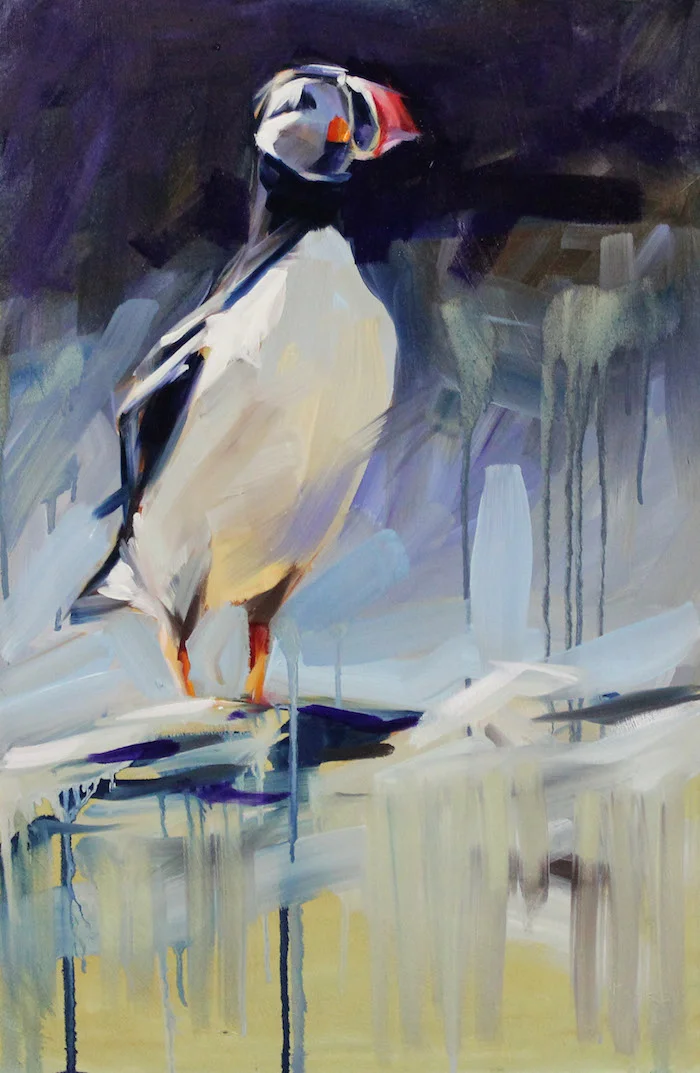 THE PENSIVE PUFFIN * S O L D * Oil on Canvas Board 610x 390mm