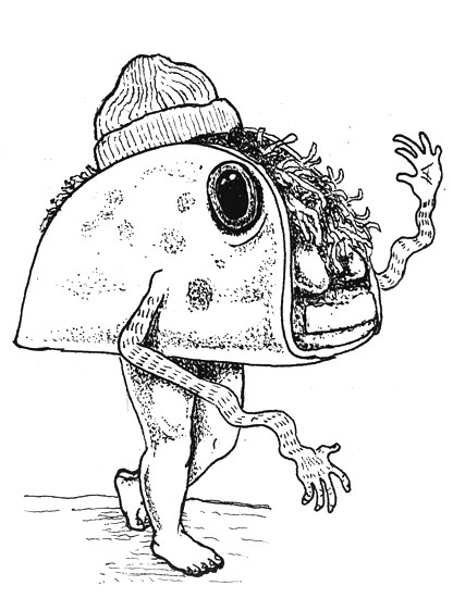 A wavy armed taco guides you to Taco Monday.