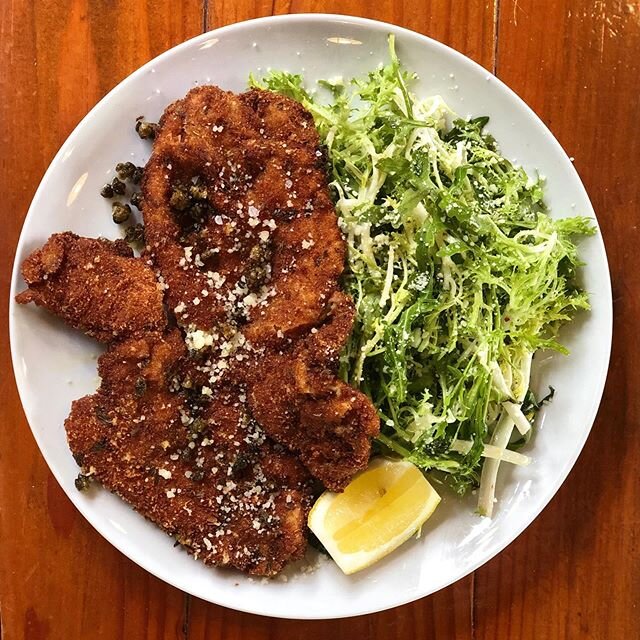 ON THE MENU THIS WEEKEND:
.
Classic Pork Milanese.
.
@primalsupplymeats pork chop | @lancasterfarmfresh frisée &amp; arugula salad | fried capers | Grana Padano | lemon wedge
.
Take Out Only. Here until it&rsquo;s gone =)