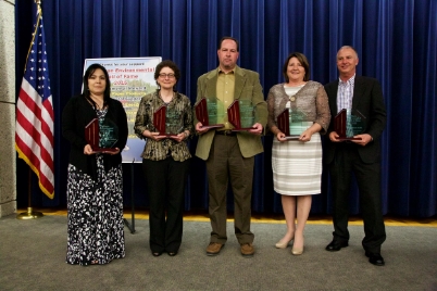 (L to R) Stephanie Kozich, Patricia McNinch, Pat Whalen (Accepted for P.J. Hoffmaster and Genevieve Gillette), Kathy Evans, John WolfE, son of Dr. Willard WolfE