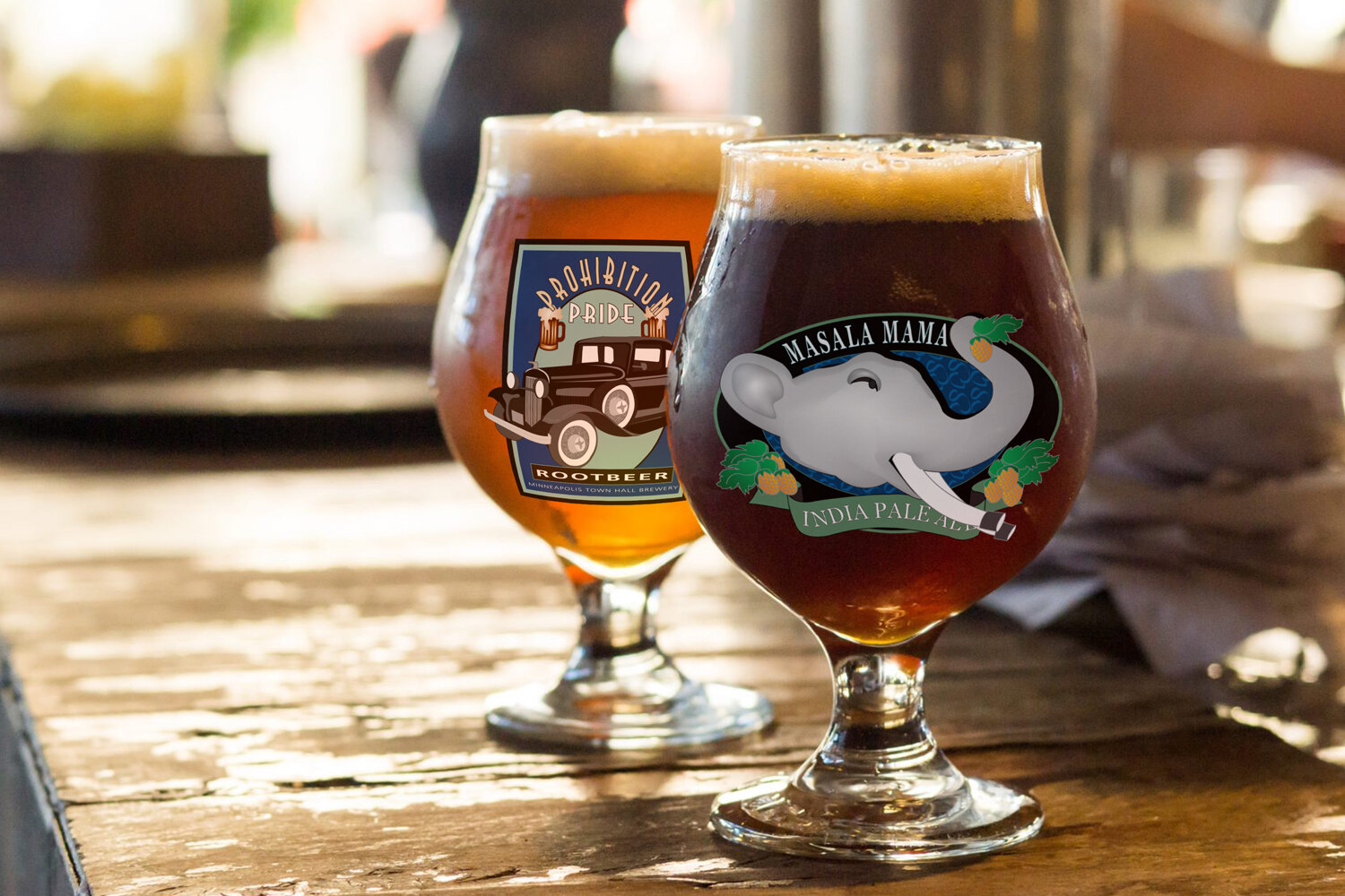Masala Mama India Pale Ale and Prohibition Pride Rootbeer labels for Town Hall Brewery