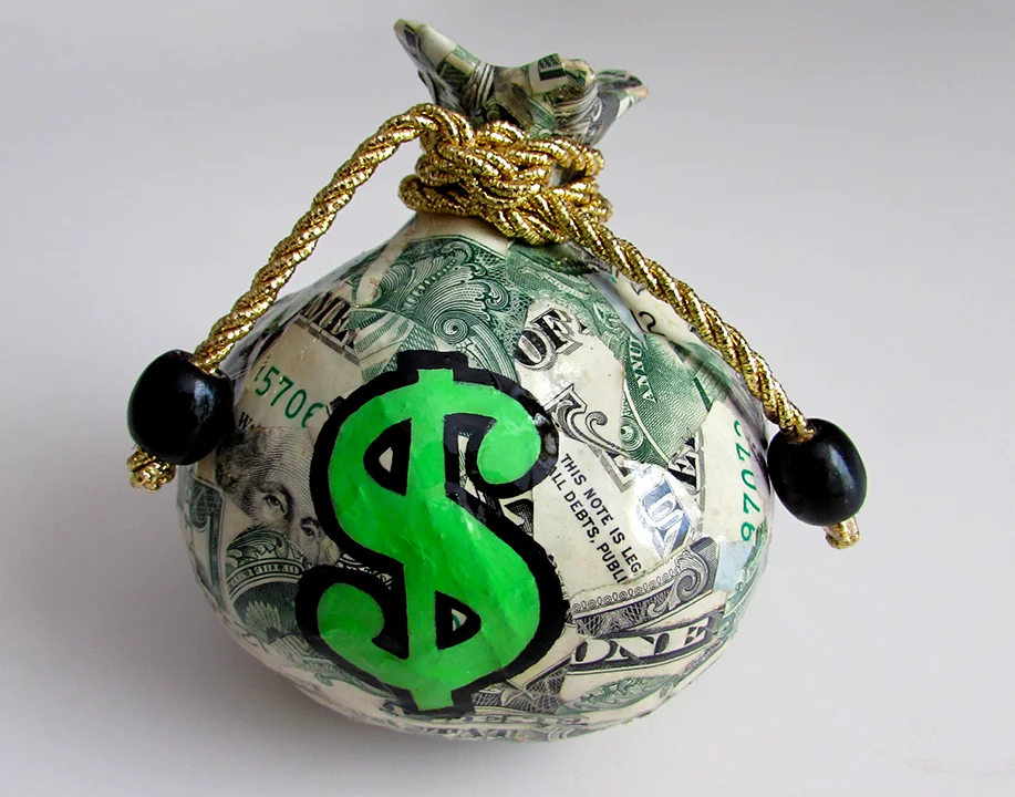 Mini Money Collaged Money Bag Sculpture