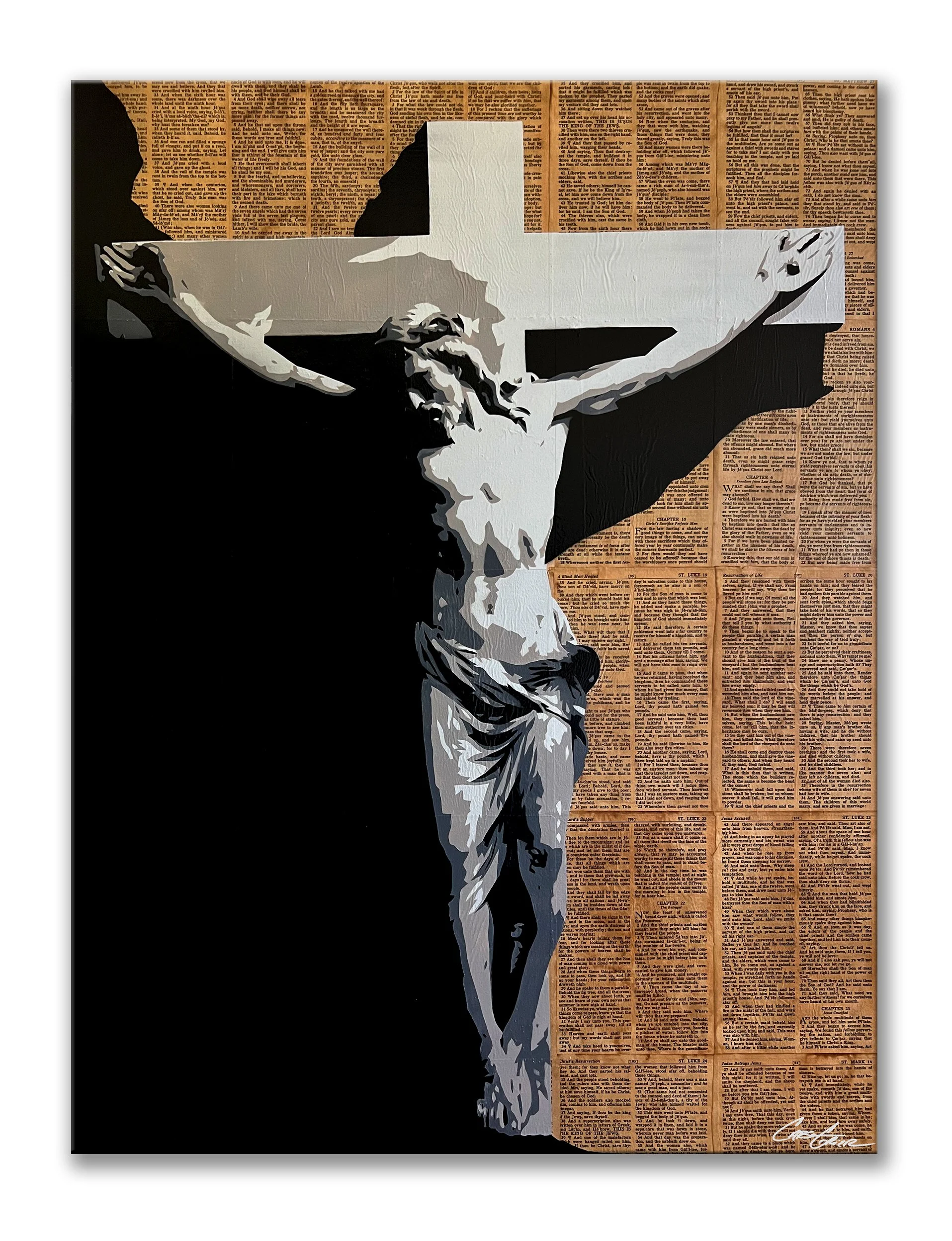 JESUS CRUCIFIXION #1 - 18" x 24" x 3/4" (for framing) - Genesis Bible Page Background Giclee' on Canvas