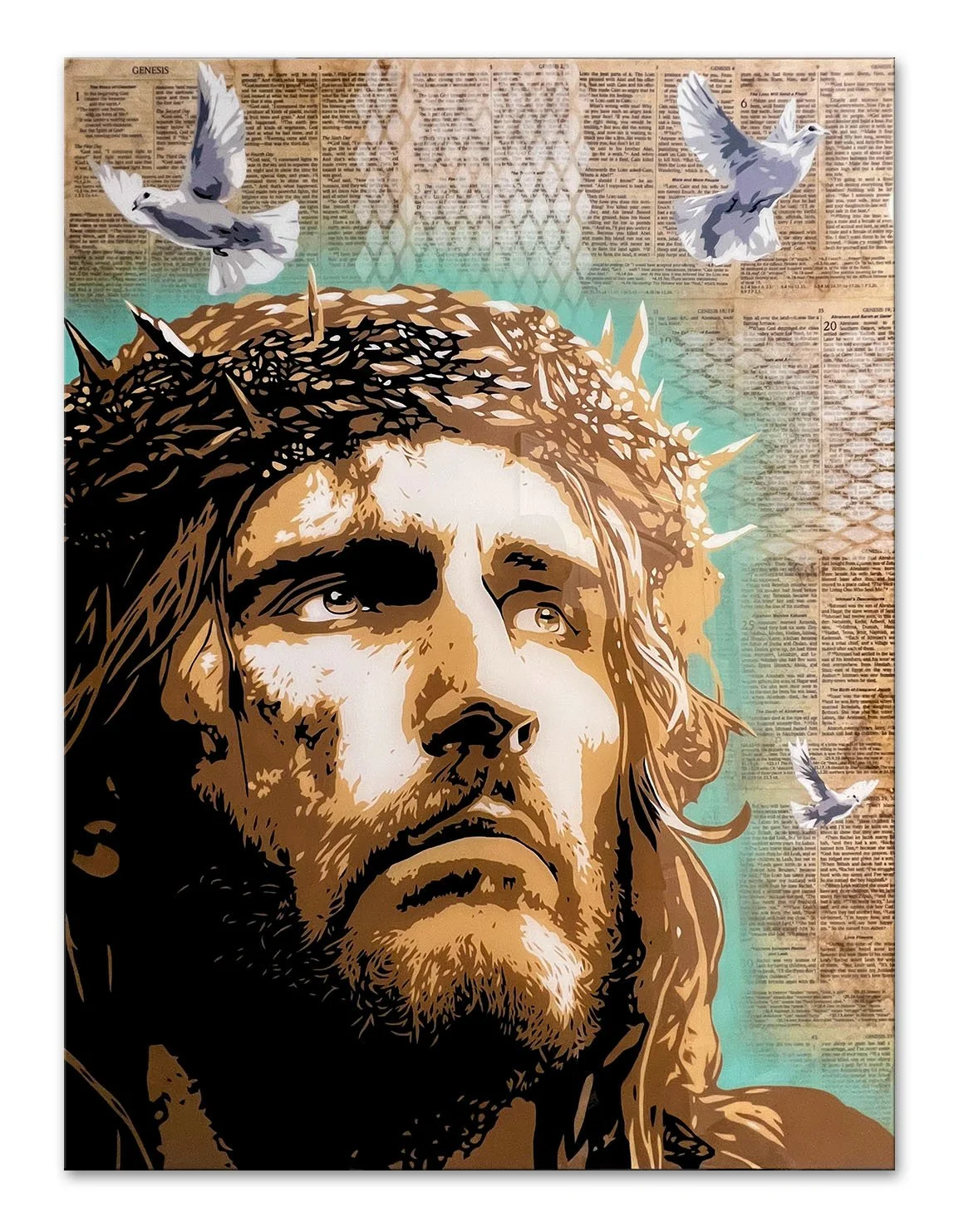 Jesus #2 - 30" x 40" x 1 1/2" Gallery Display Style - Genesis Bible Page Background Giclee' on Canvas