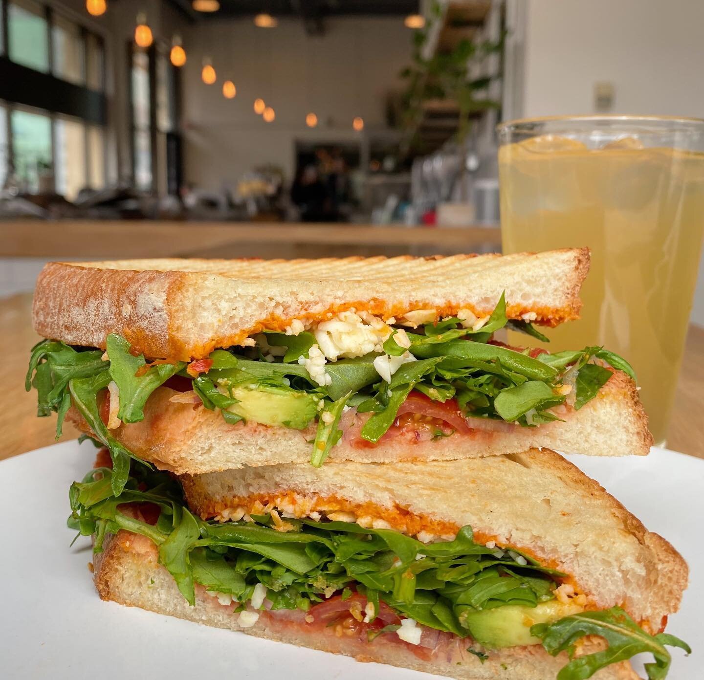 New sandwich added to our menu! The VEGAN California Panini. (Yup 100% vegan, without having to modify anything!) Plus our Iced Green Tea Lemonade peeping in the back&hellip; It&rsquo;s the perfect spring combo