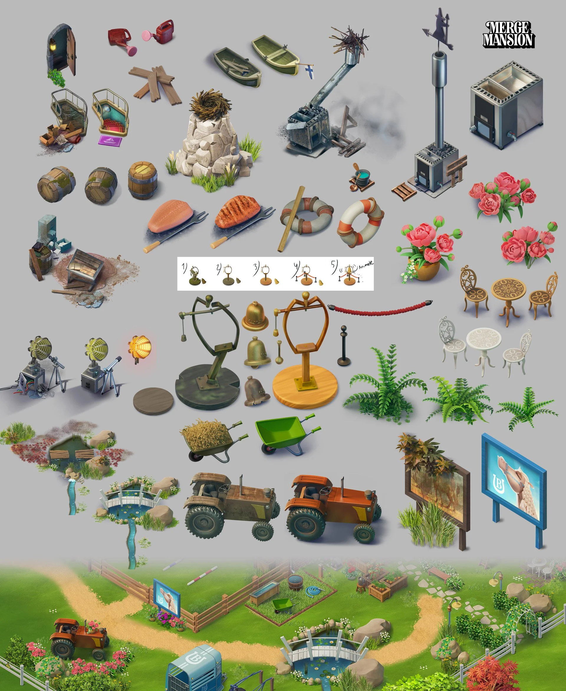 Merge Mansion - Environment assets creation with 3D and paintovers.