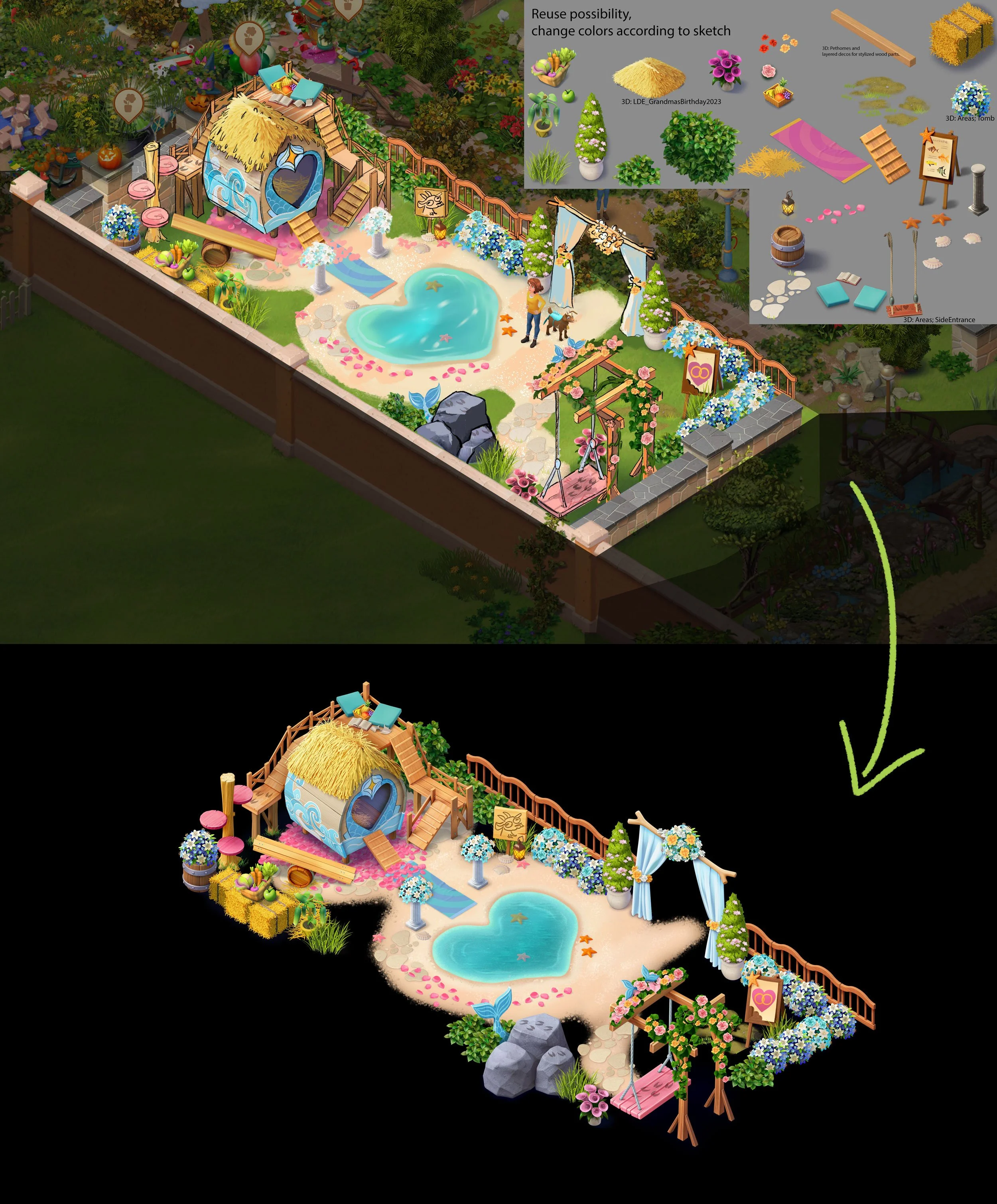 Merge Mansion mobile game; Live Ops decoration concept development and external vendor supervision for final asset production.