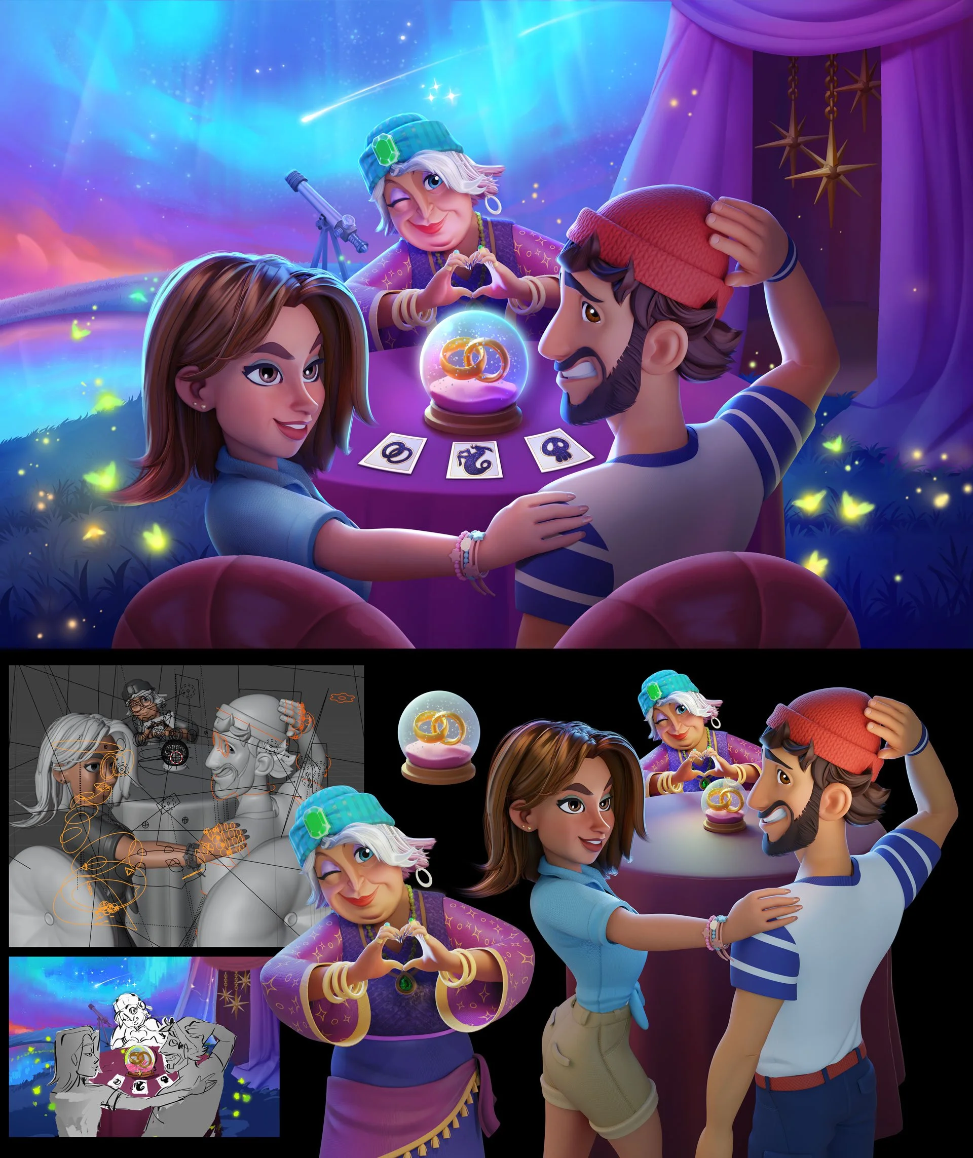 Merge Mansion - Popup illustration; Sketch ideation with the team, character posing in Blender, character rendering, and outsource partner supervision for final illustration production by me.