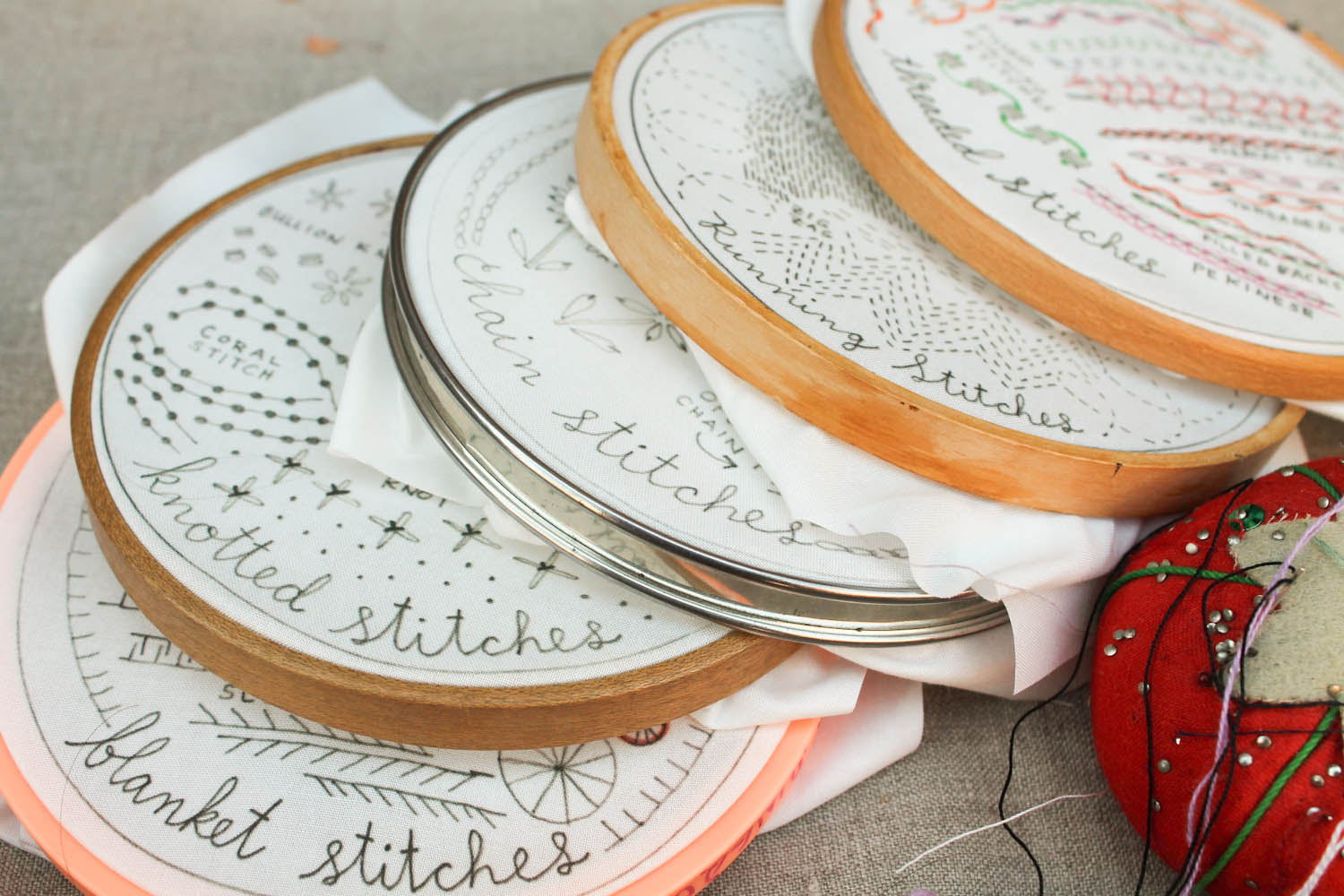 Stuck in a rut with the same old stitches? Can't seem to figure out which one to use next? Each month, We'll mail you a brand new sampler, available only to subscribers, highlighting a family of embroidery stitches. Each five inch sampler fits perfectly into a five inch hoop, and can easily be completed in a month's time- just in time for the next one to arrive! These small samplers are a perfect on the go project, and if you complete the whole year, you'll have an excellent guide to most of the embroidery stitch lexicon! Samplers ship on the 15th of each month (order by the 10th to be included in the current month). The designs are available only to subscribers (they cannot be purchased individually) The design size is 5" round, and the fabric they are printed on is 7" square. 100% Cotton. I recommend using six strand embroidery floss or size 8 perle cotton with a size 5 embroidery needle to complete these samplers. For stitch assistance, I've created twelve Pinterest boards, one for each month/stitch. They are all available (free of charge!) here. Subscribe for 3, 6 or 12 months. Renew your subscription anytime. There are twelve unique designs in total. CLICK HERE TO SUBSCRIBE.