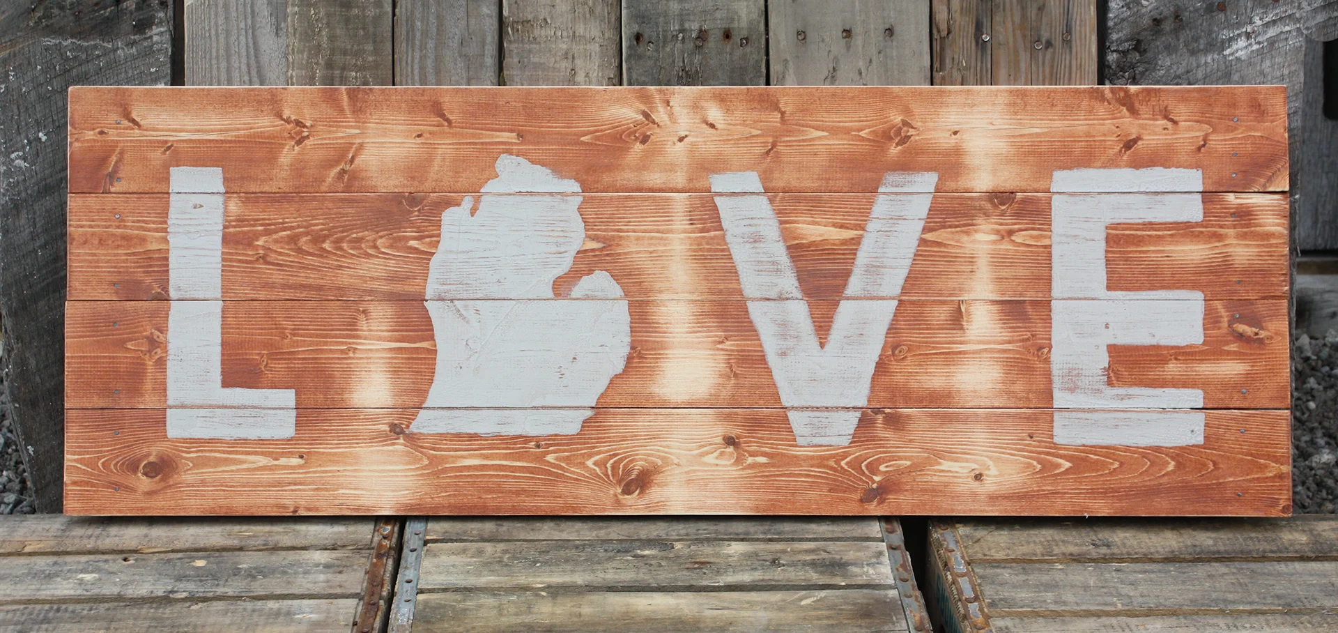 Lg. Love Michigan Wood Sign - Gray & Blue - WSL4